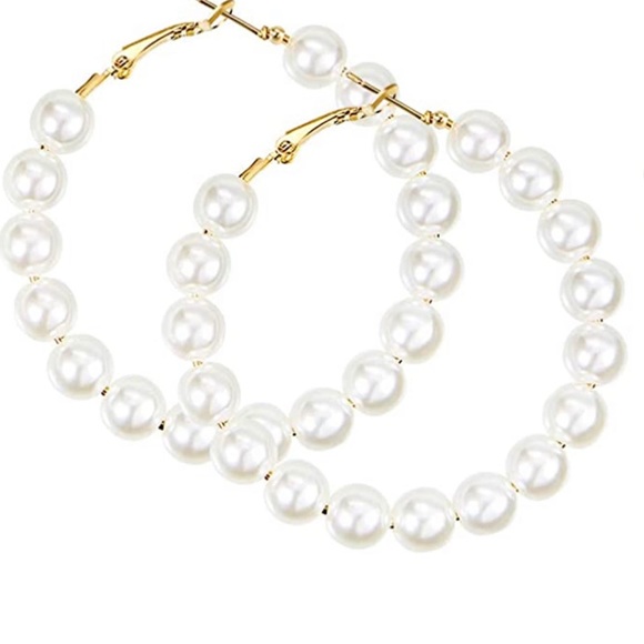 Faux Pearl Hoop Earrings Circle - Picture 6 of 7